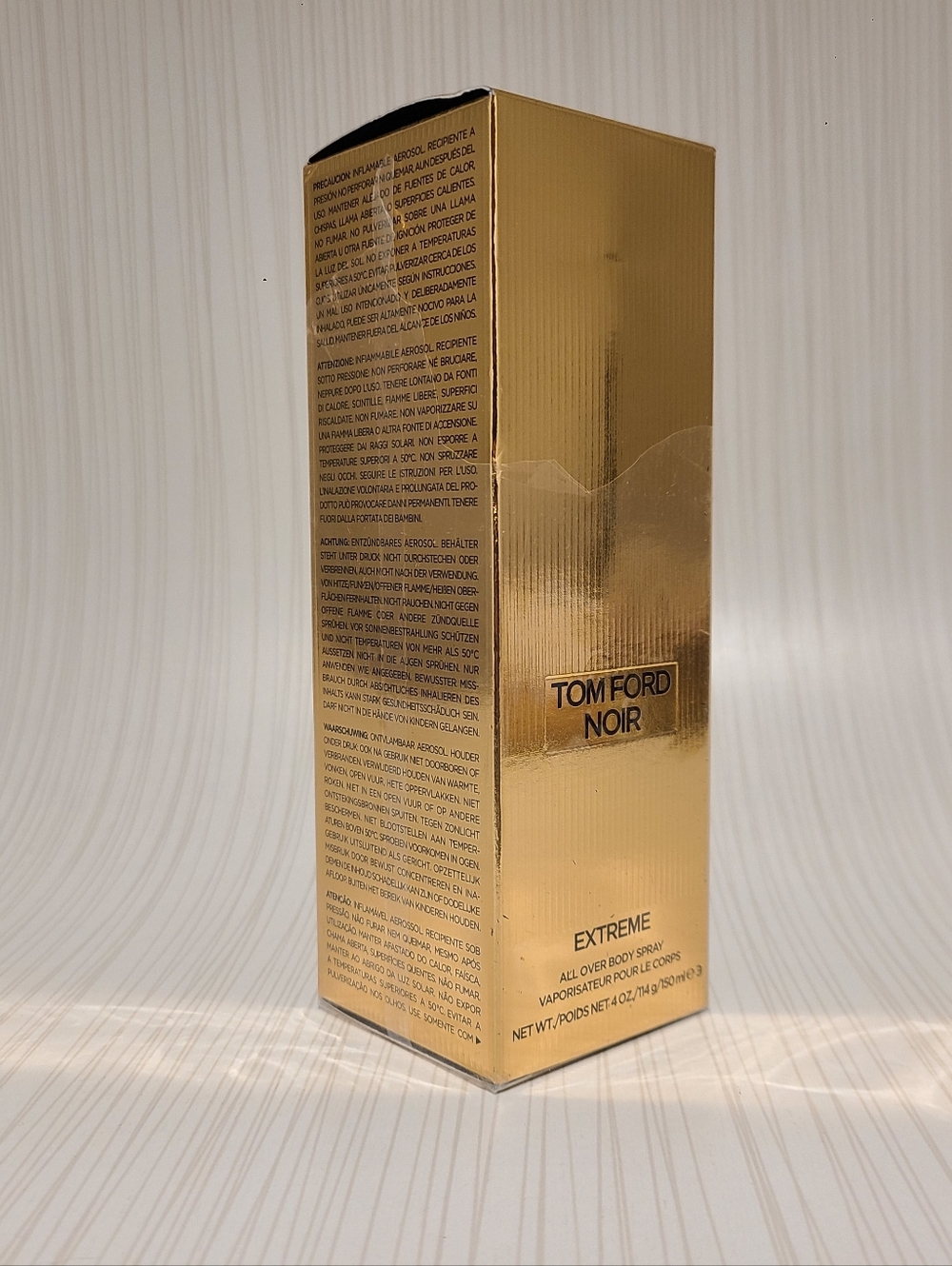 Damaged Tom Ford Noir Body Spray 4 Ounce Torn Cello Wrap On Box Bottle Peeling